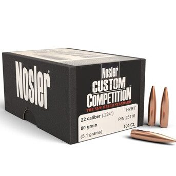 Nosler .224 / 22 80 Grain Hollow Point Boat Tail Custom Competition (100)